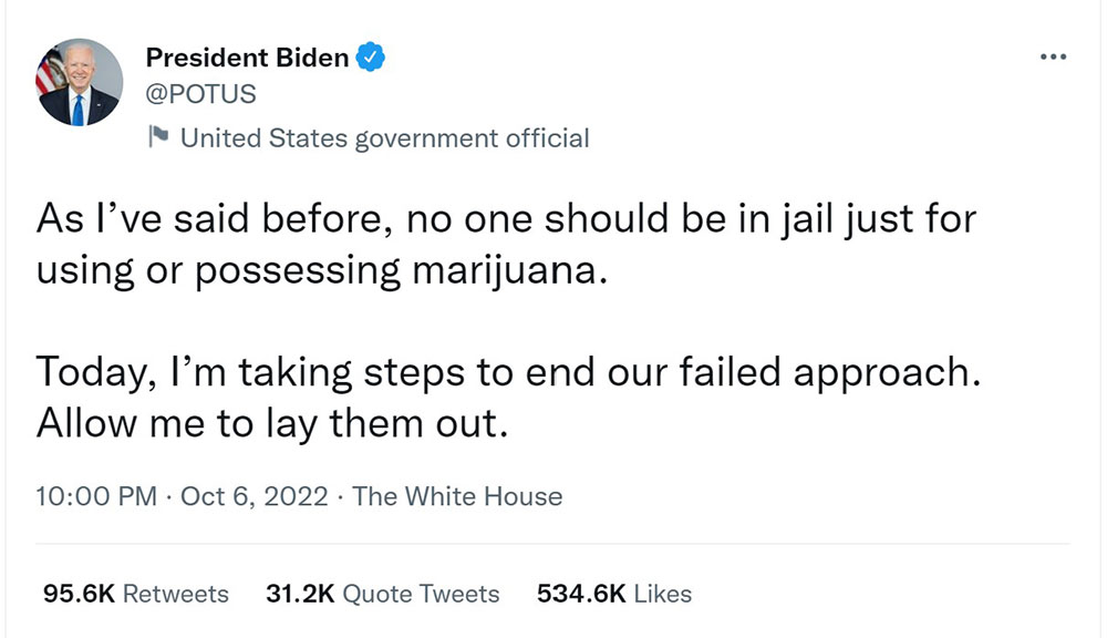 ביידן צייץ על חנינת הקנאביס בטוויטר